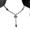 Retro Gothic Filigree Four-petal Flower Waterdrop Black Crystal Pendant Necklace for Women Halloween Party Cosplay Jewelry Gift