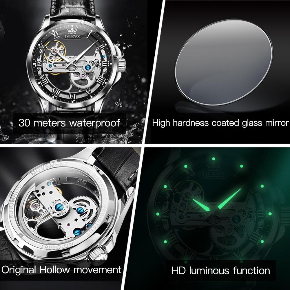 OLEVS 6661 Man Watch Luxury Fashion Leather Strap Fully Transparent Hollow Mechanical Wrist Watch for Men Original Men's Watches