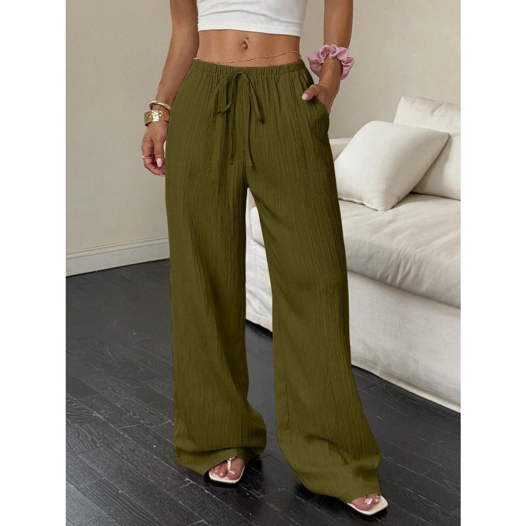 New Women's Casual Solid Color Textured Fabric Knotted Waist Slanted Pocket Wide Leg Pants