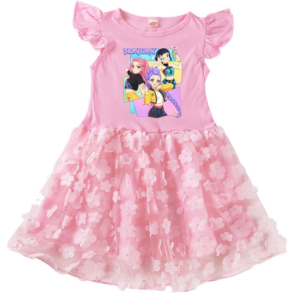4123 Kids Girls Rumi Zoey Mira Print Oudoor Flower Applique Dress 100cm розовый