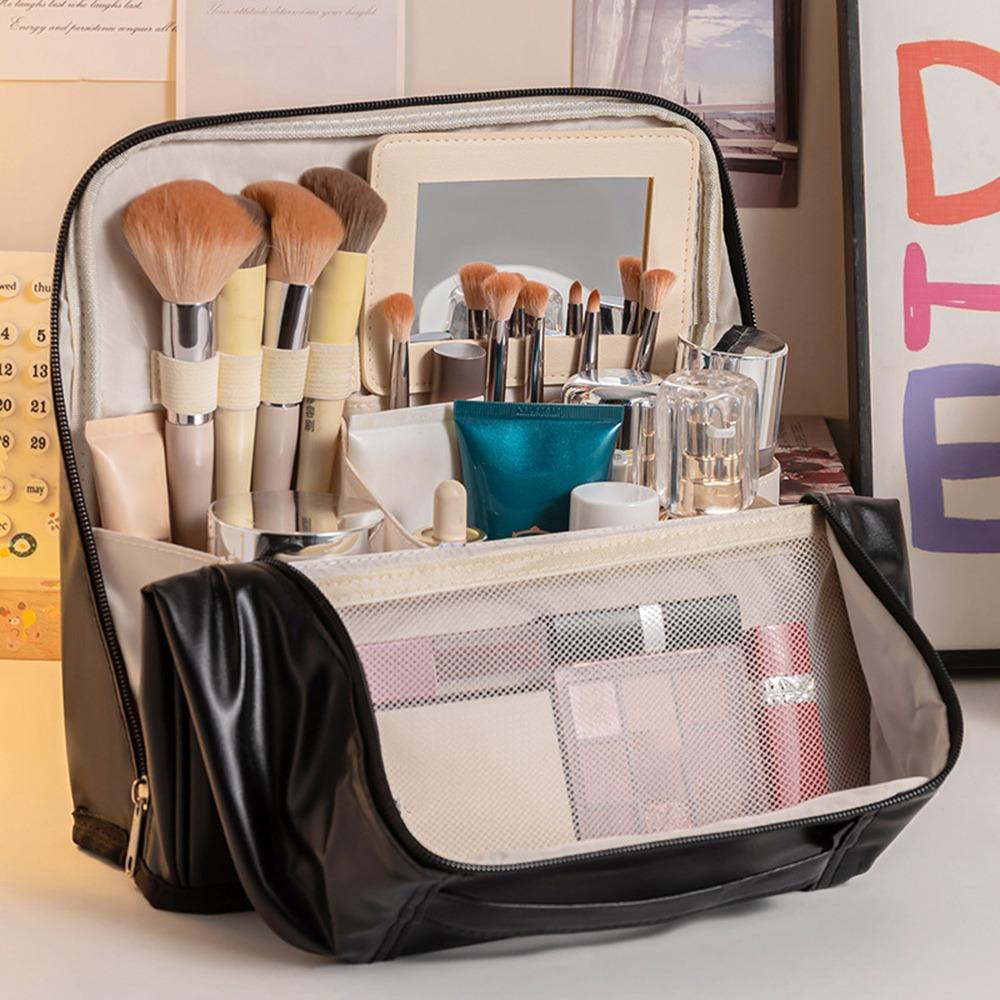 Bolsa de Maquillaje Portátil de Cuero PU con Soporte Gran Capacidad Impermeable con Compartimentos Estuche para Bolígrafos de Estudiante para Viajes