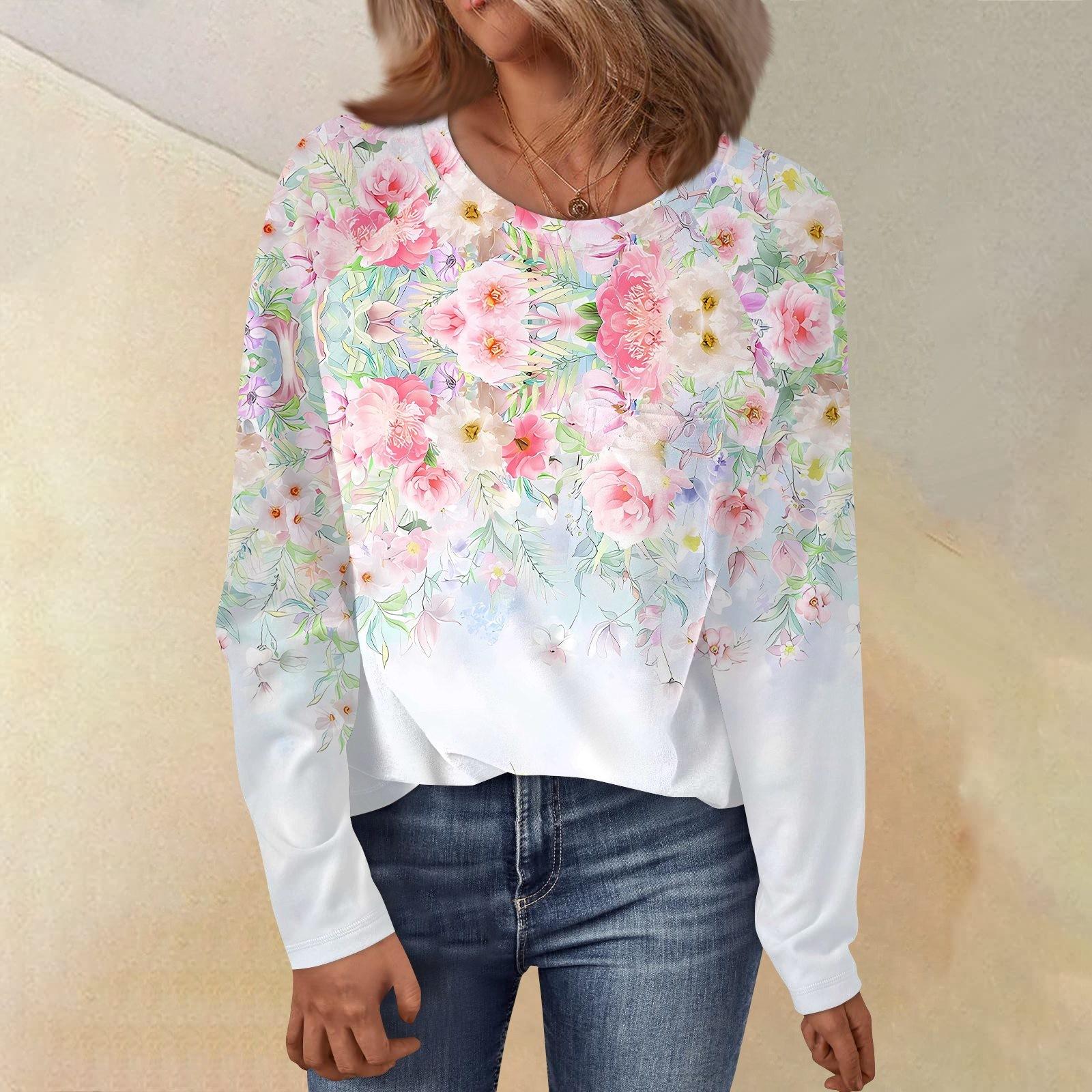 

Женский свободный топ с круглым вырезом, цветочным принтом и длинными рукавами XL белый