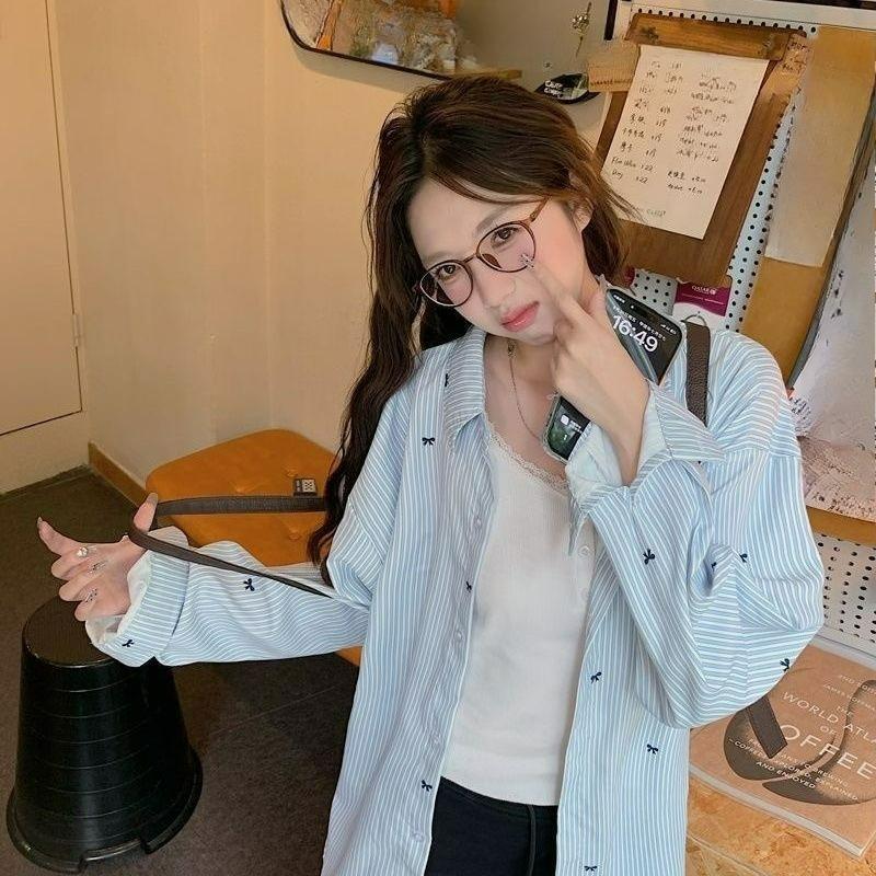 Blue Striped Bow Print Long-sleeved Shirt Women's Spring and Autumn Design Sense Niche Loose Shirt All-match Blouse Trend