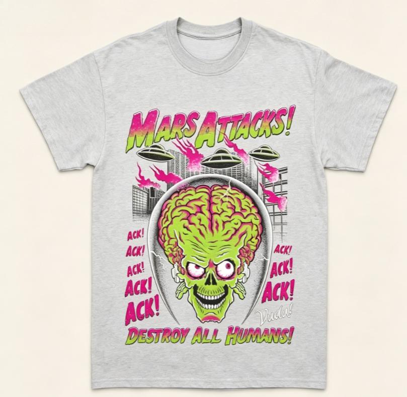 Black Crew Neck Tshirt Vintage Retro SciFi Horror Graphic Alien Invader UFO City Scene Unisex Cotton Short Sleeve Tee