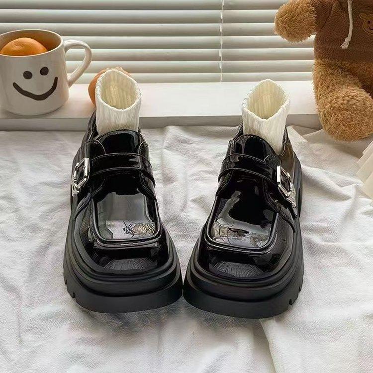 French Black Platform Round Head Small Leather Shoes Women's 2025 Autumn New Retro British Style Muffin Loafers Single Shoes