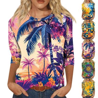 Moda damska Casual Okrągły dekolt Rękaw 3/4 Luźny T-Shirt z nadrukiem Damski top