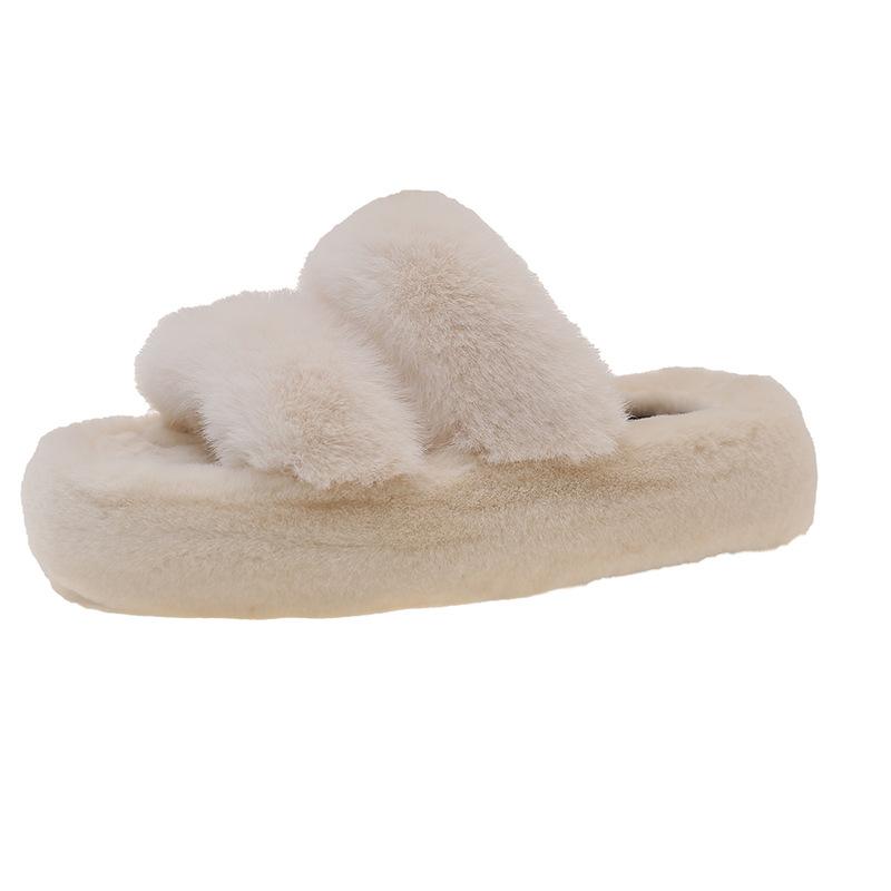 Thick-bottomed High-end Fluffy Slippers for Women's Outer Wear 2025 Autumn and Winter New Retro Fashion Fluffy One-word Cotton Slippers