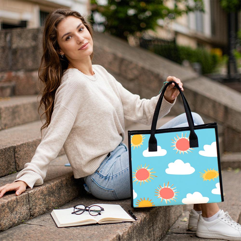 Cute Sun Cloud Pattern Tote Bag Portable Daily Use Shopping Handbag for Women Casual Outdoor Shoulder Bag