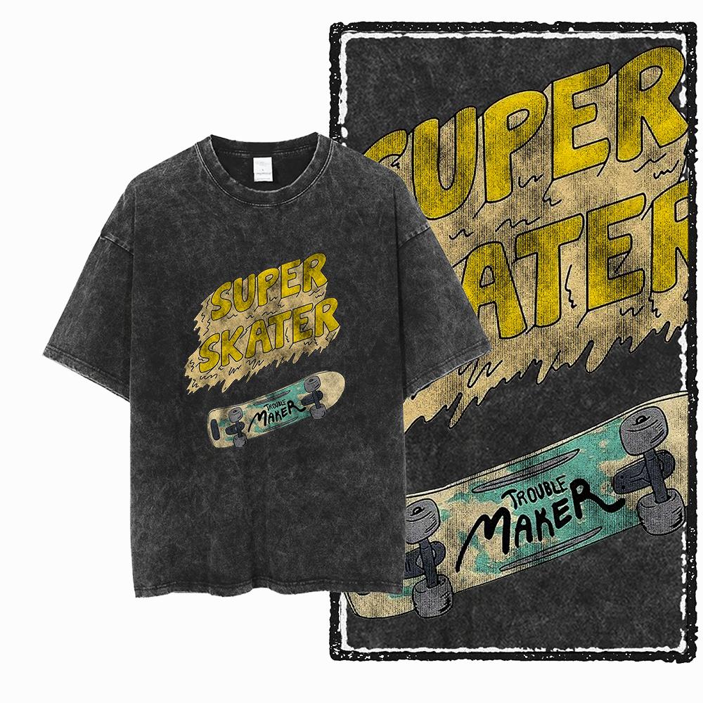 YD SKATE THEME Printed Cotton Acid Washed Graphic Unisex T Shirt Cool SKATEBOARD Streetwear Men Tshirts Big Size Tee for Men