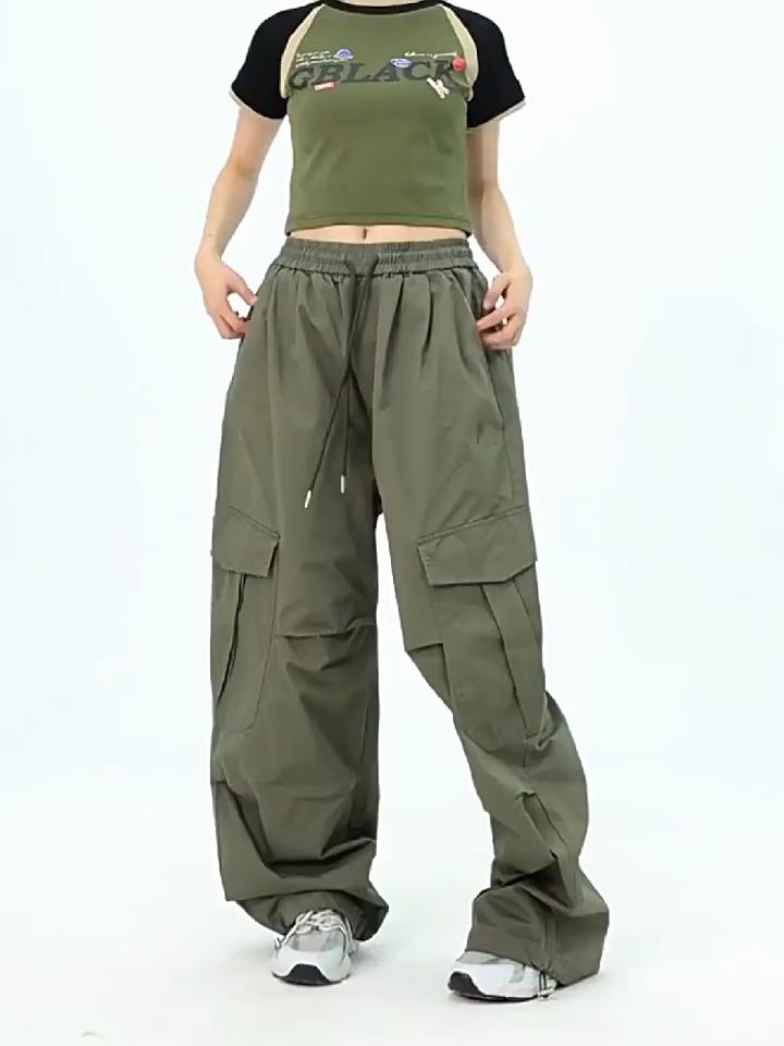 Pantaloni cargo da donna con tasche grandi Pantaloni larghi con coulisse in vita elastica alta Y2k Pantaloni dritti a gamba larga larghi casual vintage