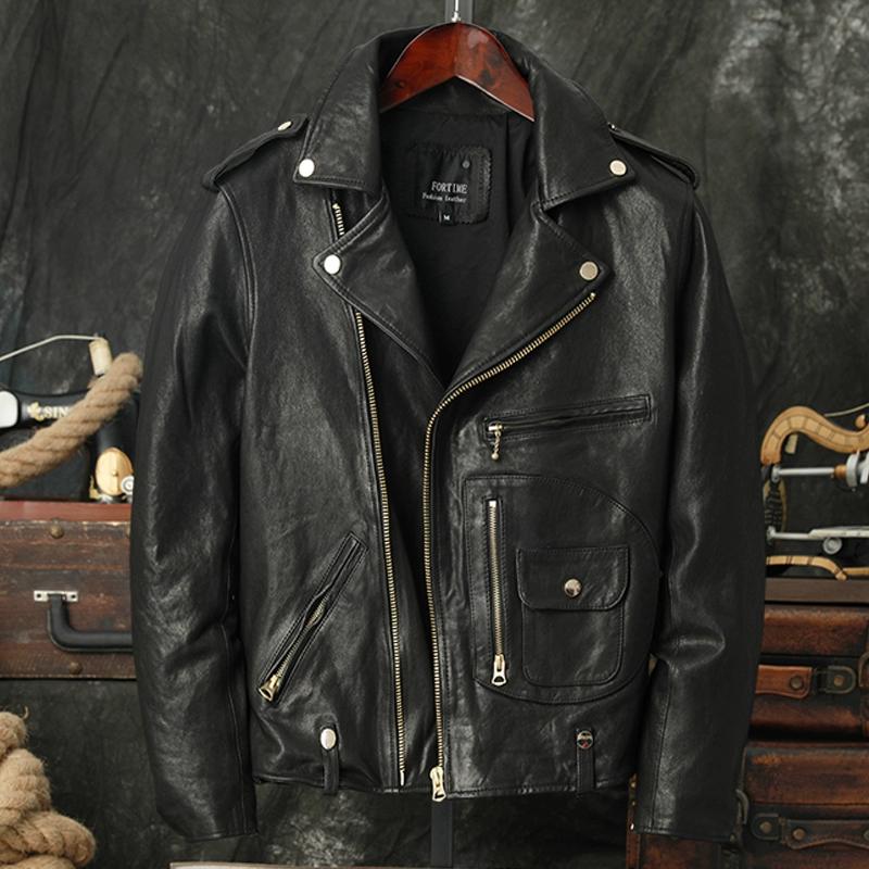 New Italian Wax Dyed Vegetable Tanned Sheepskin Motorcycle Jacket Vintage J24 Cross Zip Real Leather Biker Coat Men