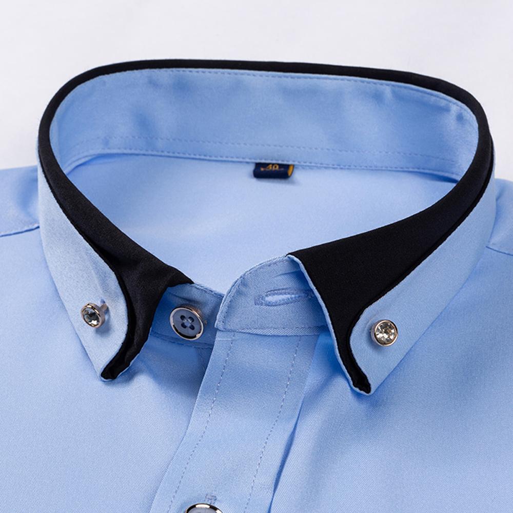 Men's Diamond Buttons & Contrast Collar Dress Shirt with Chest Pocket Long Sleeve Stretch Smooth Wrinkle-Free Easy Care Shirts