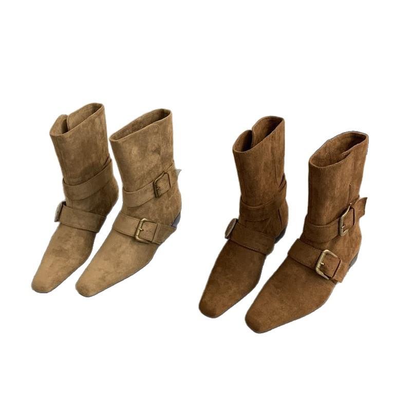 2025 Korean version of the new niche design retro French short boots small pointed western boots suede medium boots women's boots