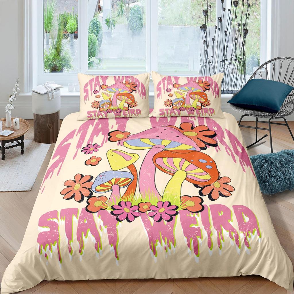 Stay weird 90s nostalgia hippie mushroom bedding boho retro duvet cover set, colorful bedding, teens and adult duvet cover, maximalist decor