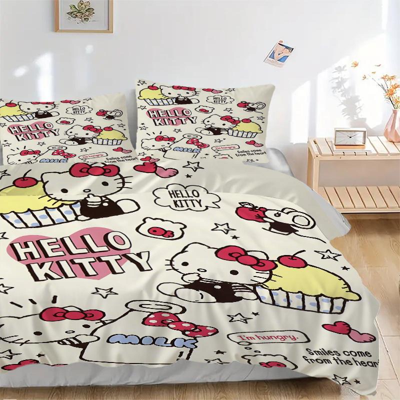 

3pcs Dessert Design Hello Kitty Quilt Set Cartoon Themed Bed Quilt Set Lovely Character Bedroom Decor Bed Quilt Set Four Seasons (1 Cover + 2Pill 135x200cm