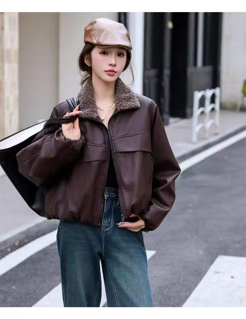 

2024 Корейский стиль Повседневная плюшевая кожаная куртка с лацканами - На флисовой подкладке и универсальная Large вино красного