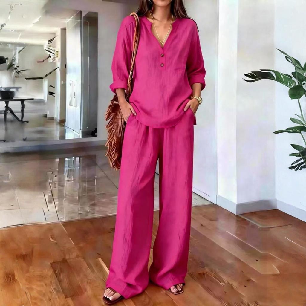 Women's Two-Piece -color Cotton And Linen Long-sleeved V-neck Top Straight-leg Casual Trousers Set