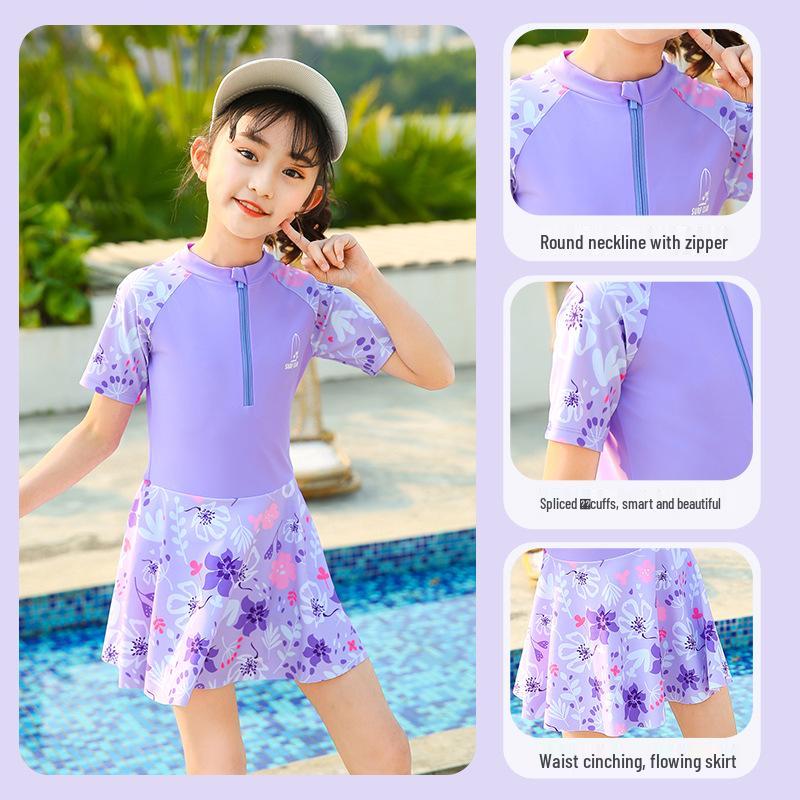 Girls' Cute Floral Cartoon One-Piece Swimsuit - Conservative Swimwear In Small, Medium, Large for Summer.