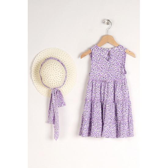 Rochie Fata Copil Roșu Cu Motive Florale Cu Accesoriu Pălărie