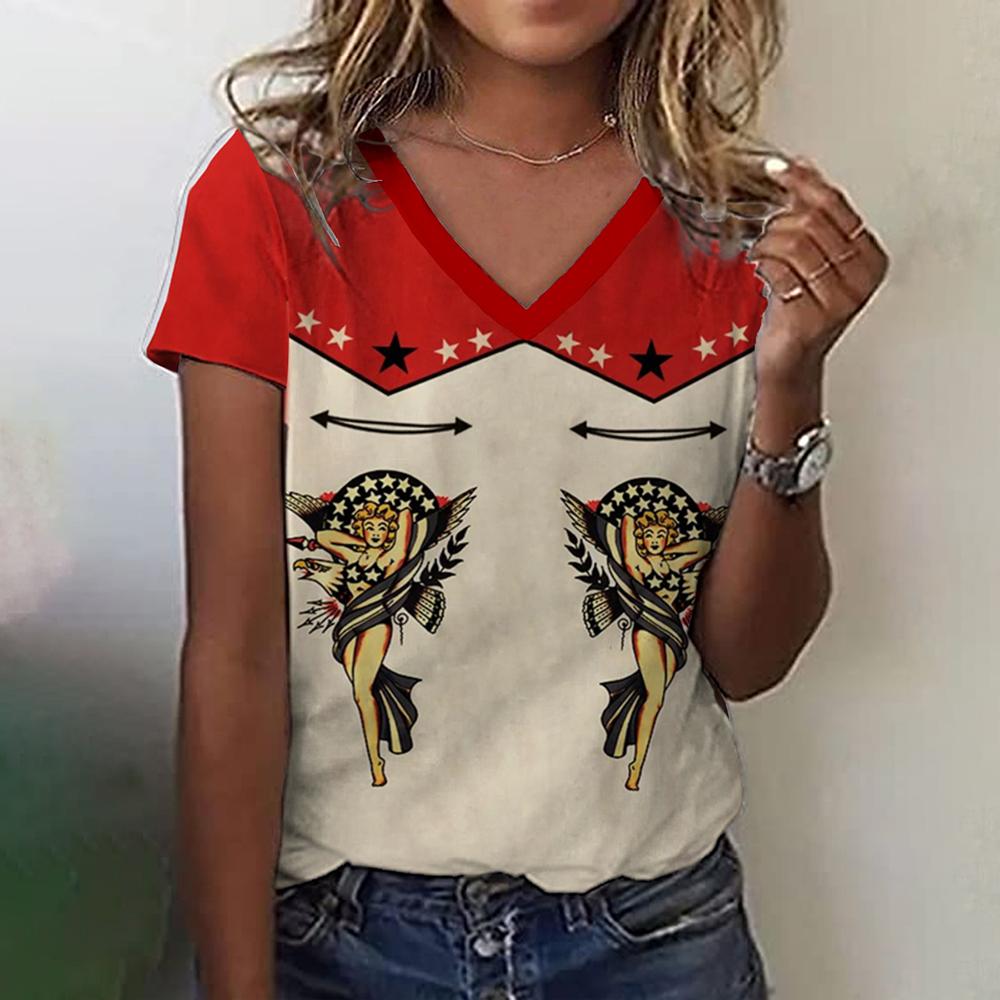 Designové tričko s výstřihem do V, barevně blokující trička s krátkým rukávem, módní pouliční oblečení pro ženy, letní volné topy, svetry