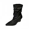 2025 Spring New Pointed Retro Martin Boots Design Sense Pleated Pile Boots Slope Heel Wide Tube Boots Women
