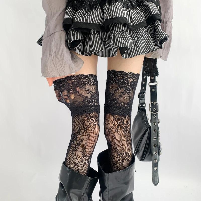 Sexy Spitze Netzstrümpfe für Damen Floral Ausgeschnittenes Netz Kniestrümpfe Weiblich Lolita Einfarbig Hohe Strümpfe Jk Lange Socken One Size gray