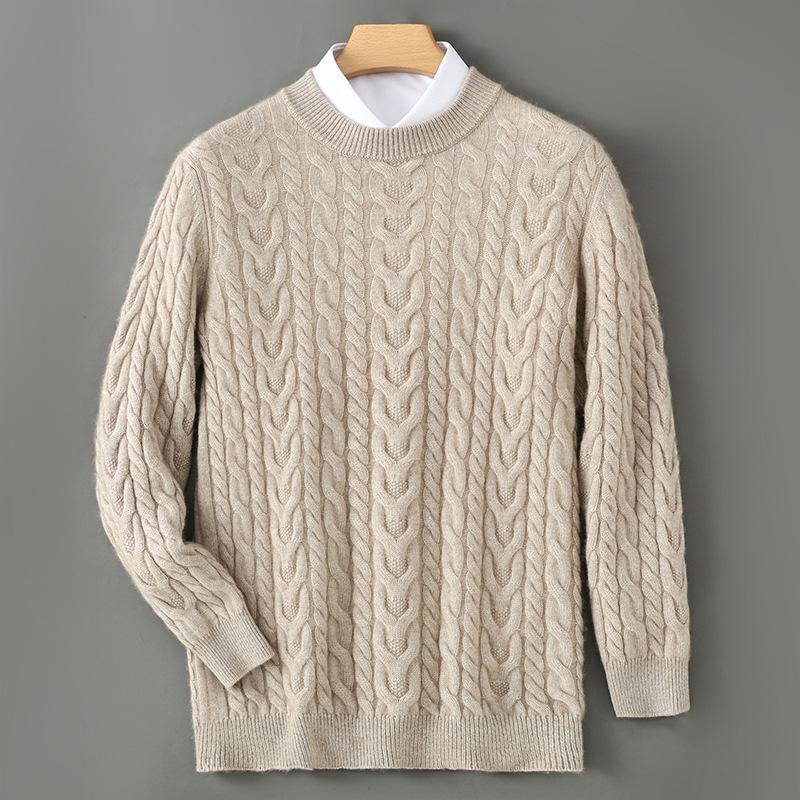 Men's 100% Pure Wool Round Neck Sweater – Autumn/Winter Thick Knit, Casual Loose Fit, Inner Cashmere Base Layer.