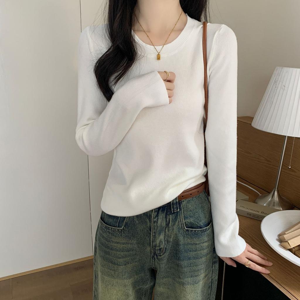 Jednobarevný Slim Minimalistický Top Dámský Pletený Svetr Jaro Korejský Styl Elegantní Základní Vrstva Dlouhý Rukáv Zeštíhlující Košile