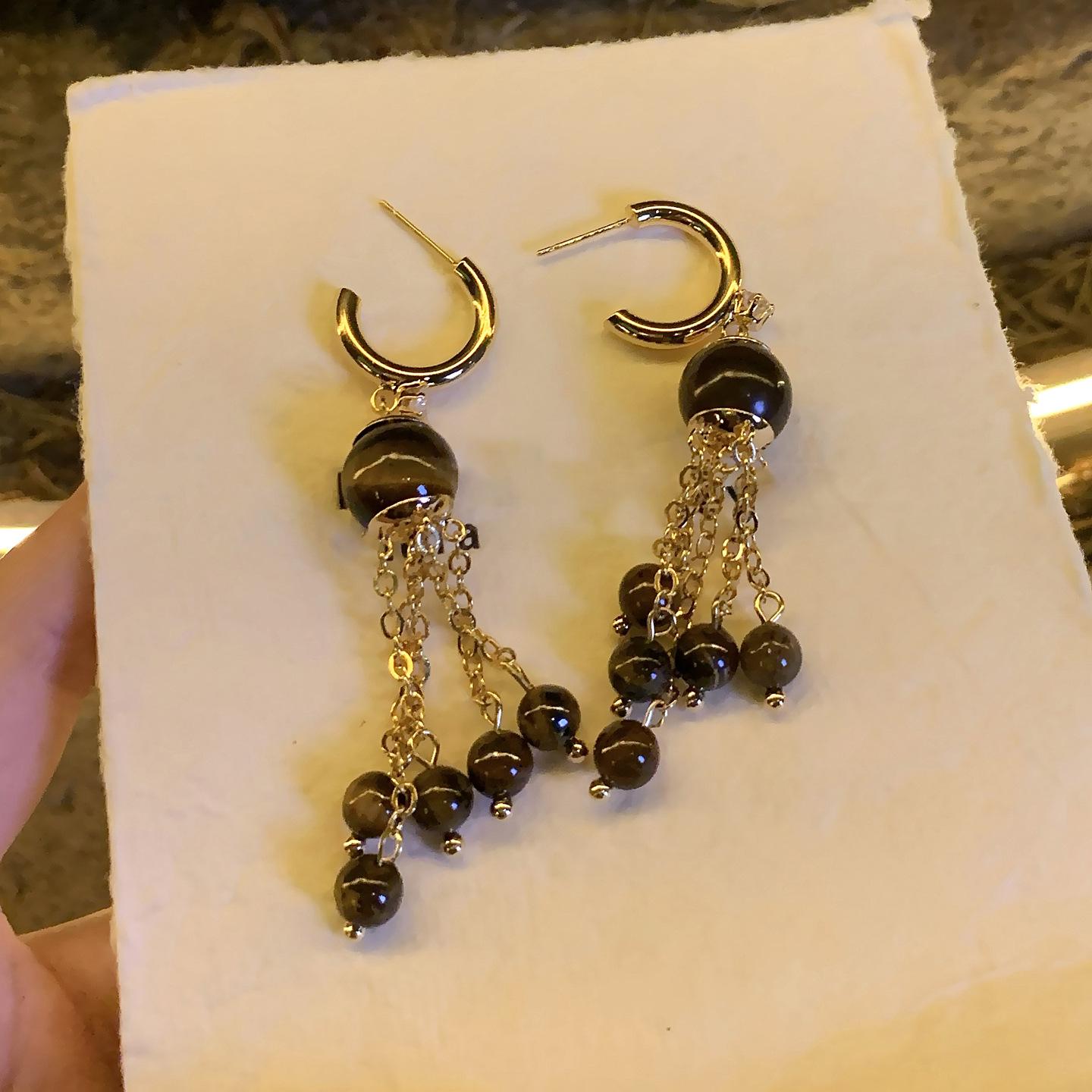 Silver Needle Tiger Eye Tassel CZ Stud Earrings - Elegant High-End Design