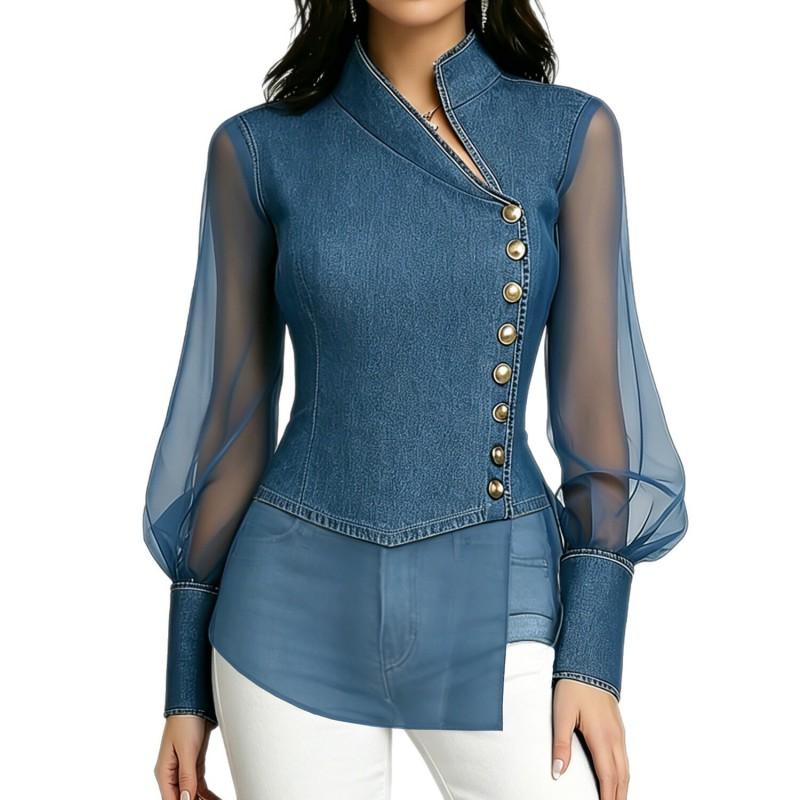 Womens Stand Collar Denim Shirt Mesh Patch Button Fitted Long Sleeve Top
