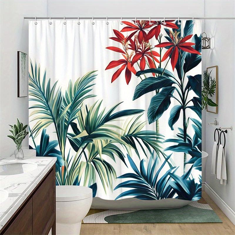 1 Übergroßer tropischer Duschvorhang - Mit realistischen roten Blumen, Palmenblättern - Maschinenwaschbares Polyester mit Haken