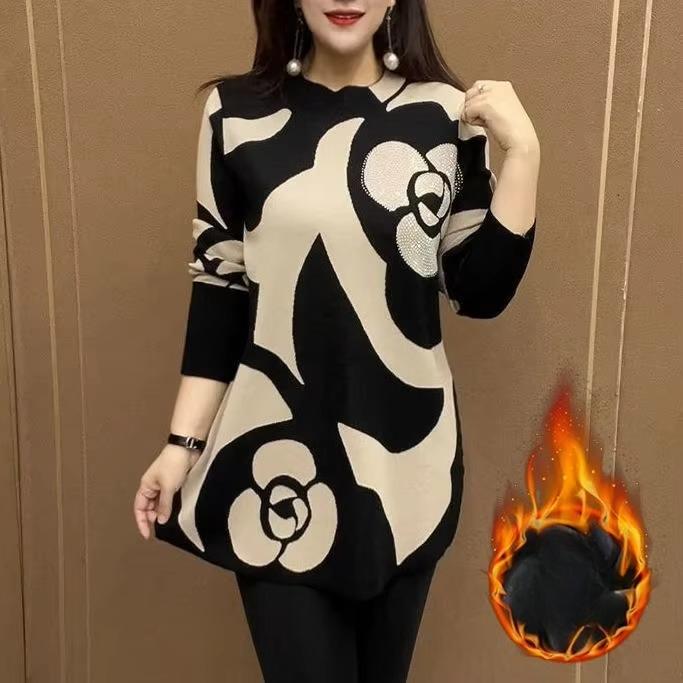 Plush Velvet Warm Mid-Length Bottoming Shirt Retro Pattern Large Size Loose Casual