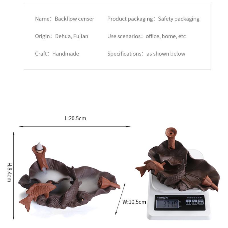 Vacker och funktionell backflow rökelsehållare med traditionell kinesisk stil, lotablad och fisk, lyckosam Feng Shui heminredning
