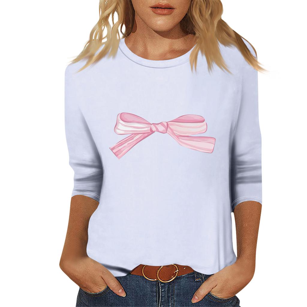 Ladies' Fashionable And Casual Seven Quarter Sleeve Bow Printed Pullover Top
