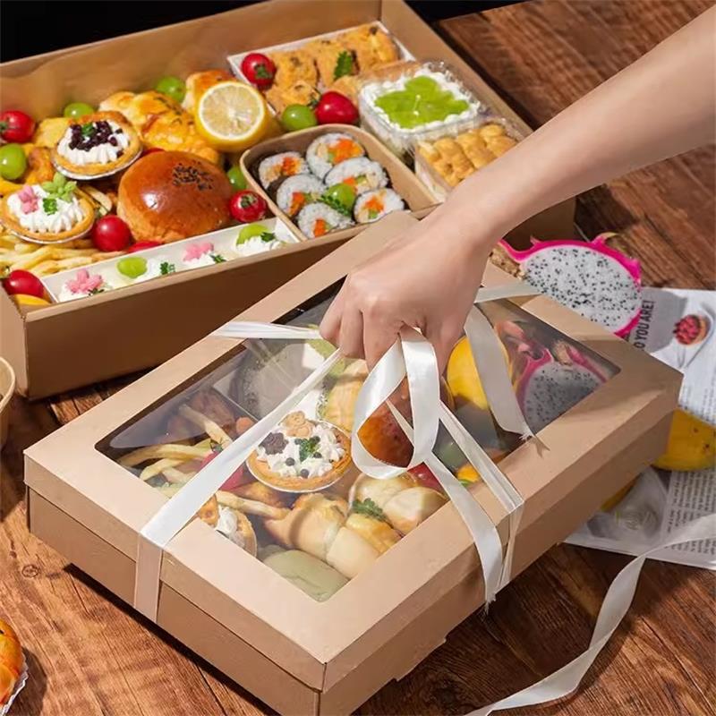 2pcs, Picnic Box With Window Lid, Outdoor Camping Style Kraft Paper Packaging Box, Baking Light Food Fruit Dessert Lunch Box