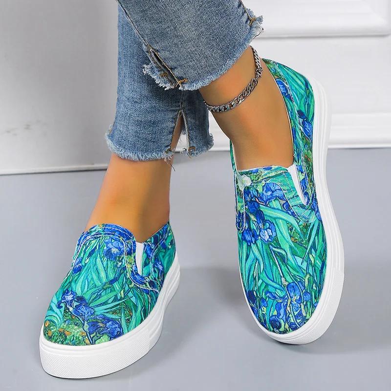 Mocasini Dama Graffiti Pantofi Plati Pantofi Vulcanizati de Vara pentru Dama Pantof Casual de Mers pe Jos Mocasini din Panza Slip on pentru Femei