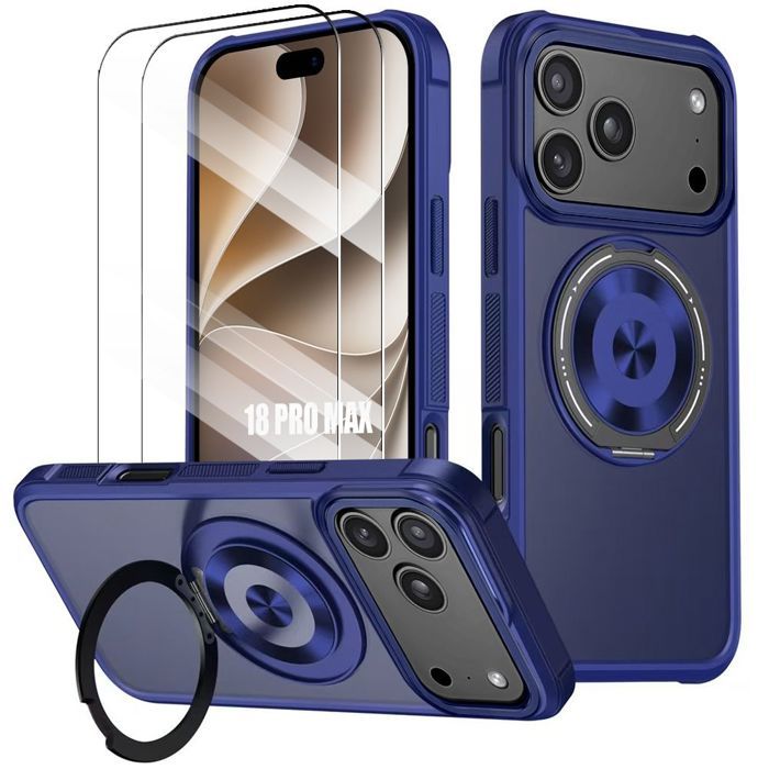 Coque + 2 Verres Trempés pour iPhone 18 Pro Max, Hybride avec Anneau Magnétique Rotatif - Bleu