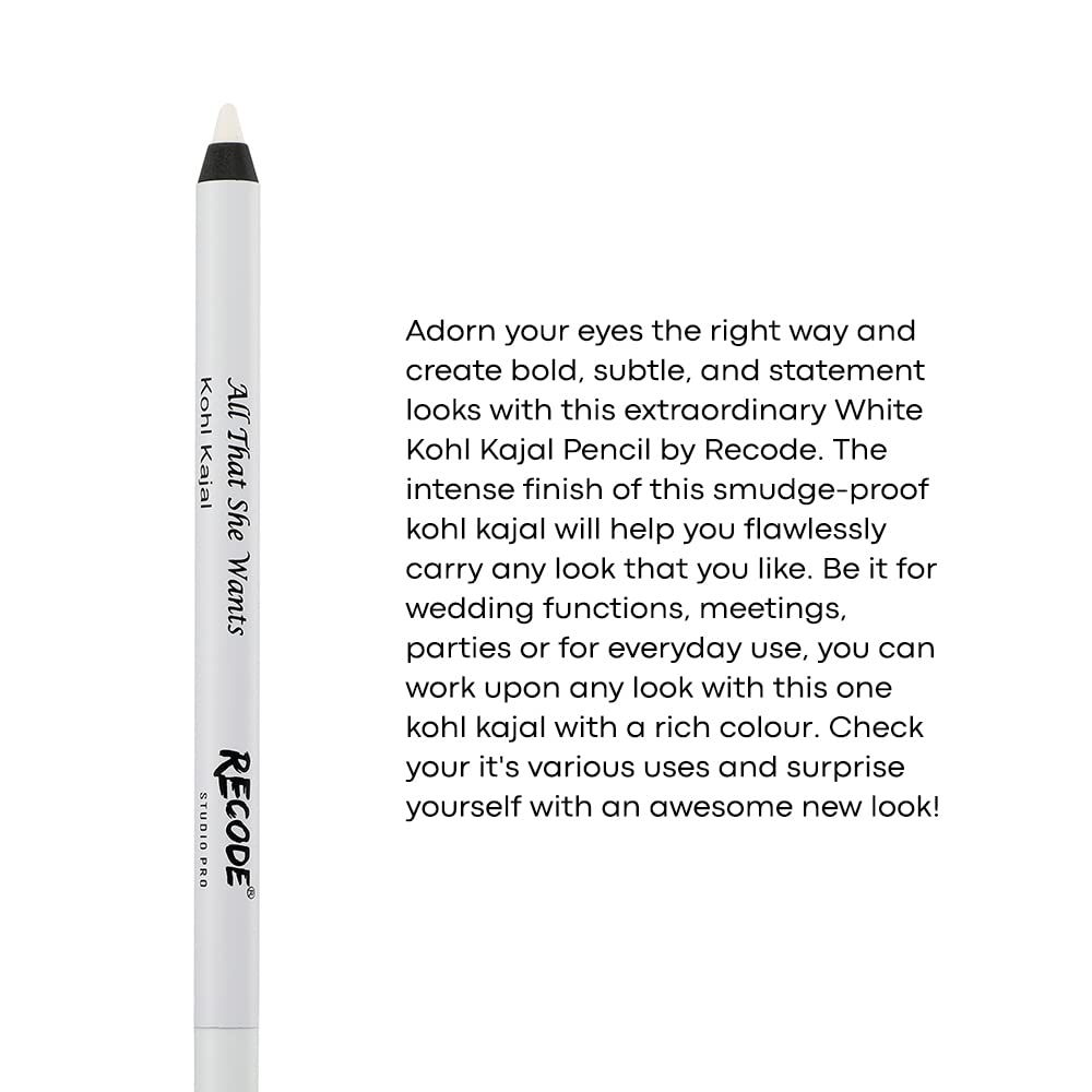 Recode White Kohl Kajal Pencil All That She Wants Eye Pencil With Long Lasting, Waterproof & Smudgeproof, Travel-Friendly & Easy To Carry, 1.2gm