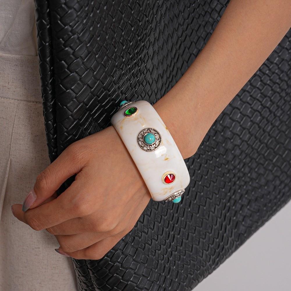 Bohemian Acrylic Rhinestone Bangle Wide Retro Hand Ring Turquoise Acrylic Bracelet  Lady Girls