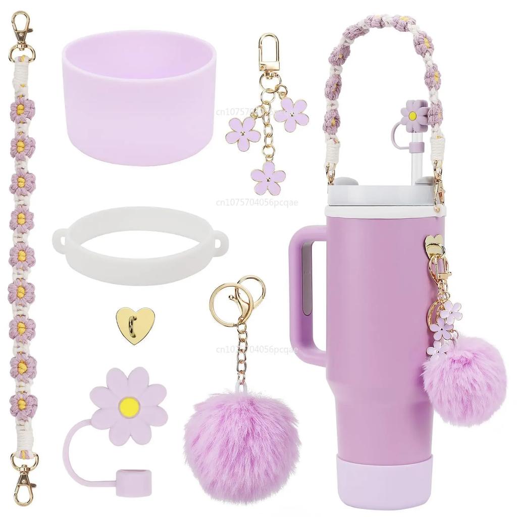 7Pcs /1Set for Cup Including Flower Straw Cover Cap for Straws Pom Chain and Silicone Boot for Cup Accessories