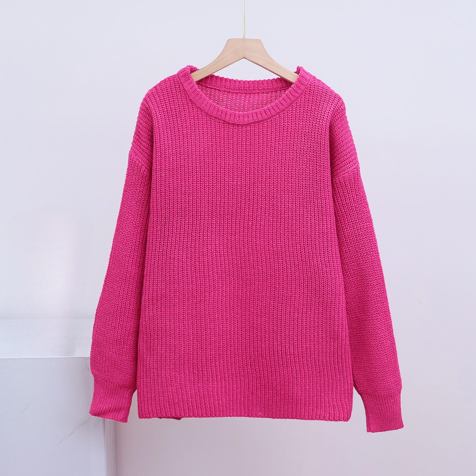 Осенне-зимний женский свитер свободный вязаный свитер с круглым вырезом и ленивым ветром однотонный вязаный свитер с длинными рукавами S розы красного 2550₽
