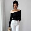 Autumn Winter Color Block Off Shoulder Irregular Ruffle Hem Slim Long Sleeve Top Fashion Daily Basic Office Lady Casual Slim Fit Ladies Elegant Top