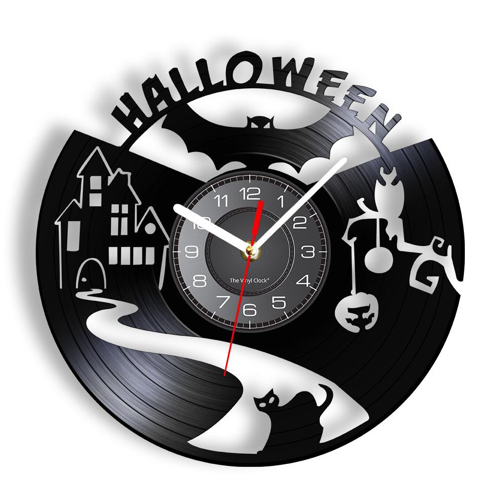 Happy Halloween Nacht Wanddekoration Vinyl Schallplatte Wanduhr Totenkopf Skelett & Geist Vintage Uhr Horror Dekoration Wanduhr
