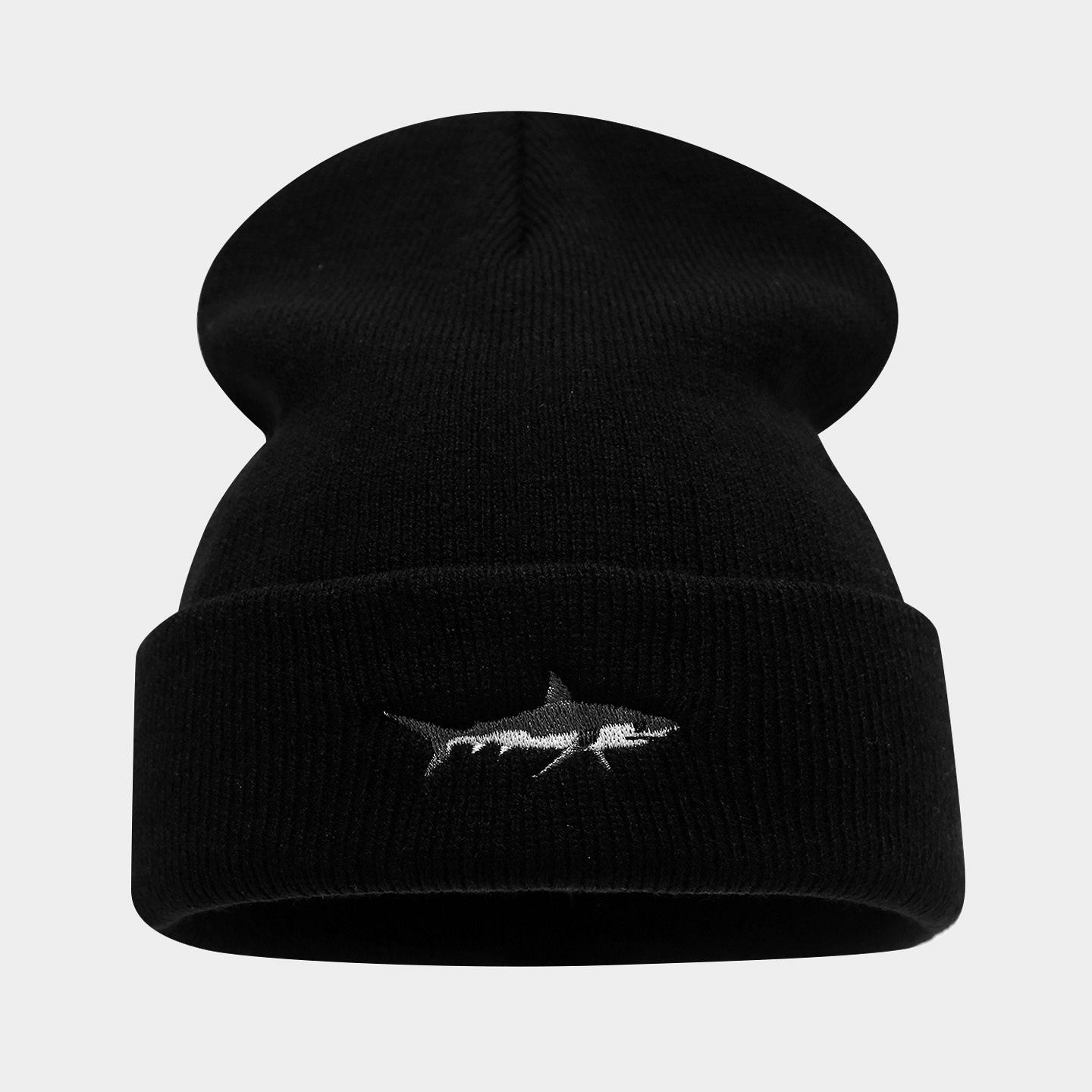 

Brimless beanie men s and women s shark embroidered knitted hat autumn and winter outdoor fashionable hip-hop pullover hat One Size чорний