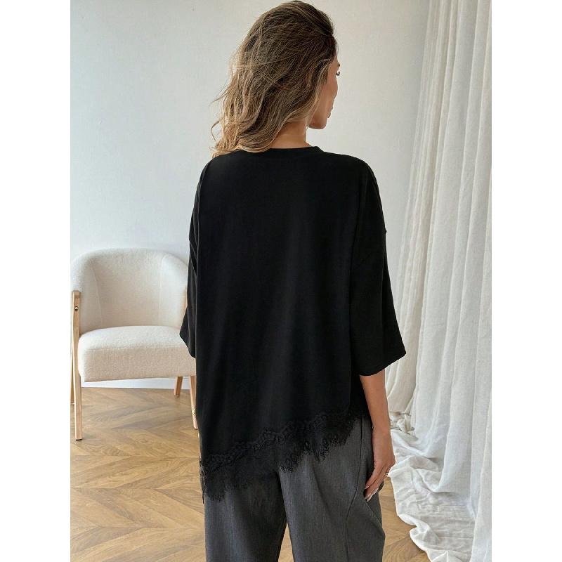 2026 Women's Short Sleeve Asymmetrical Lace Patchwork T-Shirt Loose Bat Sleeve Top