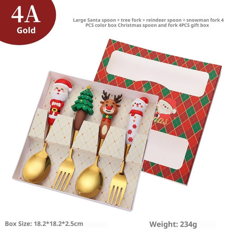 4Pcs Christmas Gift Glod Silver Spoon Fork Set Elk Christmas Tree Decoration Dessert Scoop Fruit Fork Coffee Spoon Cutlery Set