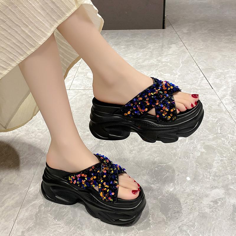 Fashion Ladies Sandals Woman 9CM Summer Open Toe Bling Sandal Dress Shoes Womens High Heels Sandals Platform Wedges Heeled Ladies