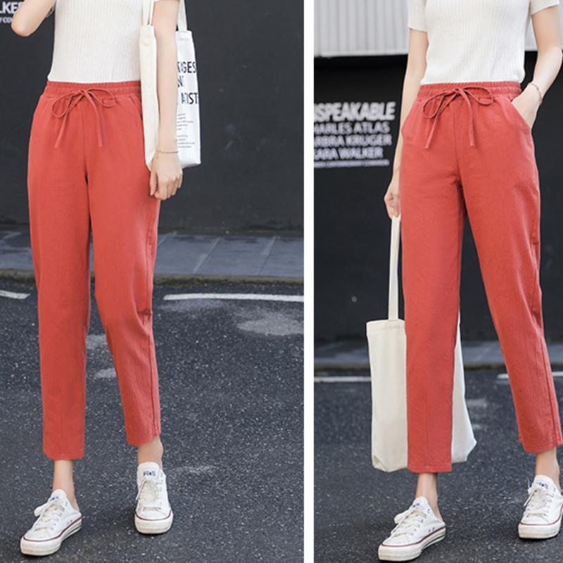 Spodnie bawełniane 9-kolorowe, długość 9/10, wiosna-lato, slim, proste, luźne, casualowe, damskie, jednokolorowe, haremki