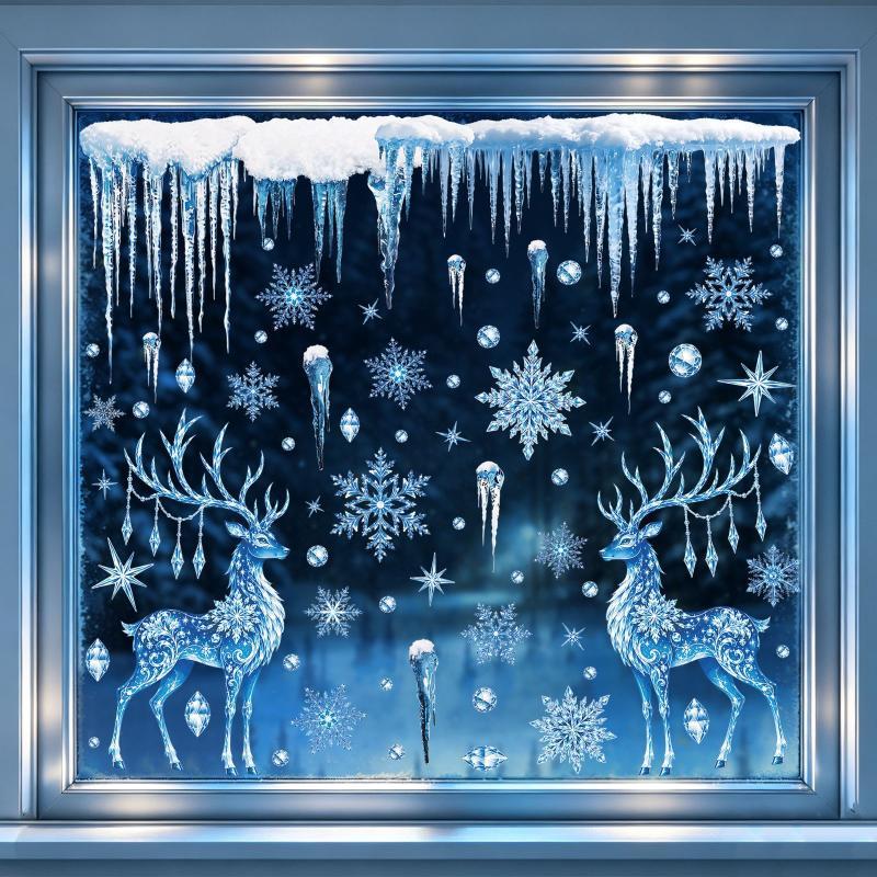 Blue Christmas Window Static Clings With Santa Snowman Reindeer Patterns For Home Xmas Party Decorations