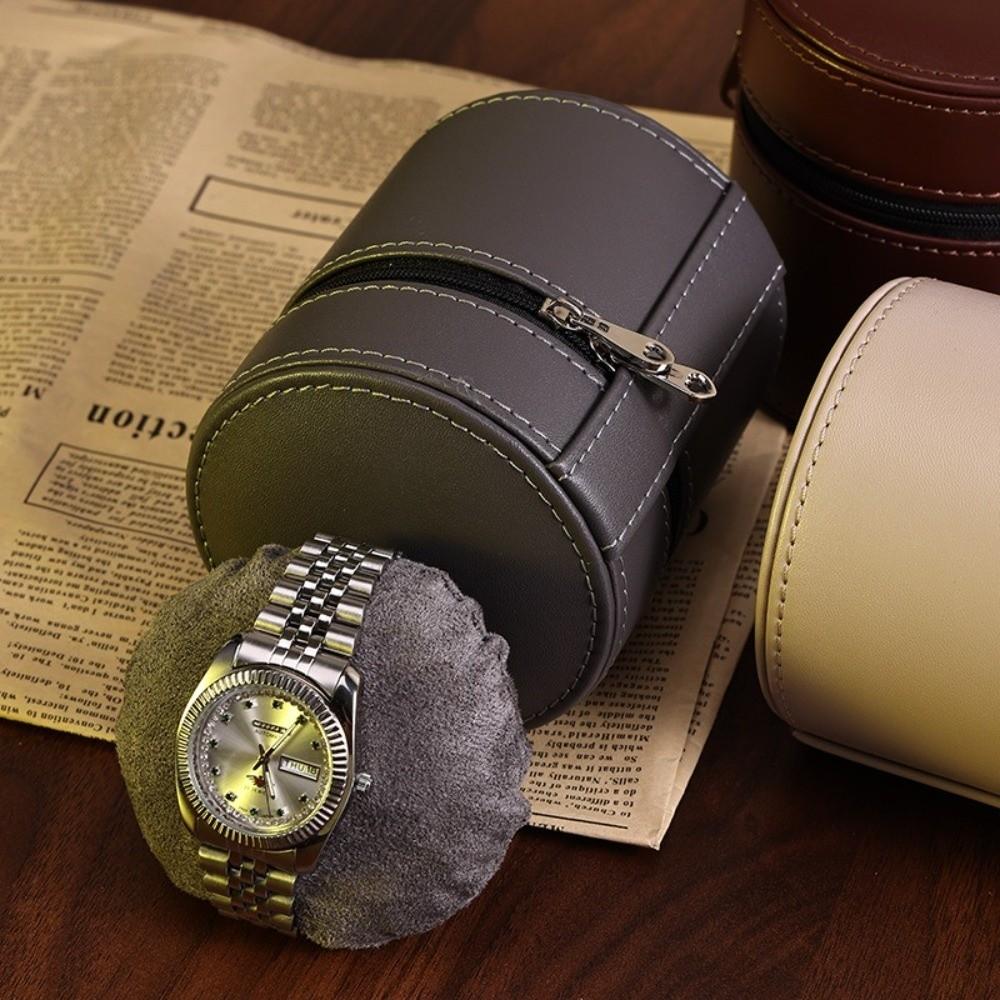 Round Flip-Top Watch Storage Box PU Leather Watch Storage Holder Watch Display Case  Daily Commute